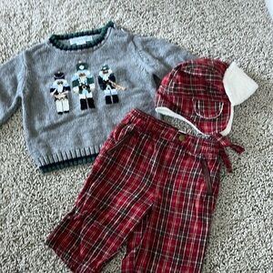 Christmas plaid pants (with matching hat) and sweater - size 3-6 mos